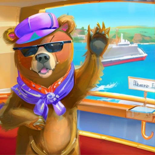 Bruce the Bear standing on the deck of the luxury cruise liner, waving goodbye to his friends as they set sail. 