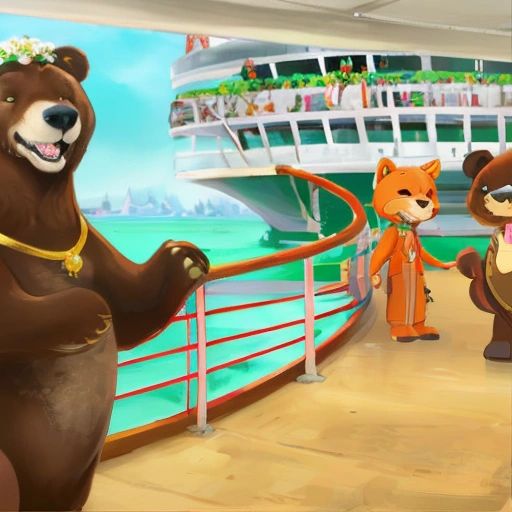 Bruce the Bear standing on the deck of the cruise liner, looking back at the Bahamas with a smile on his face and his new friends in his heart.