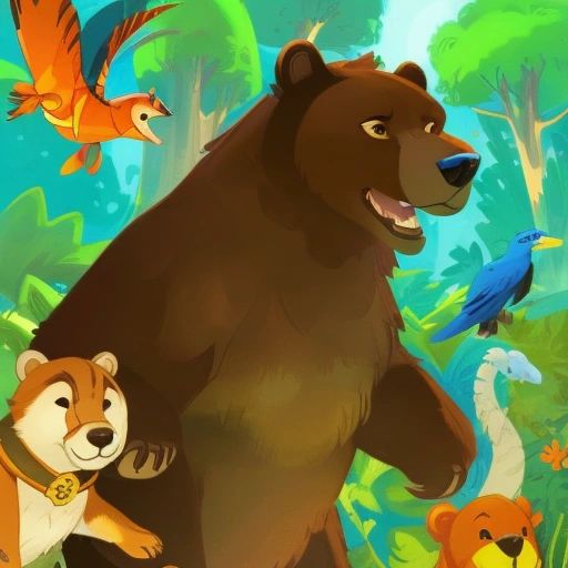 Bruce the Bear hiking through the jungle with his friends, looking a little scared but determined to keep going. 