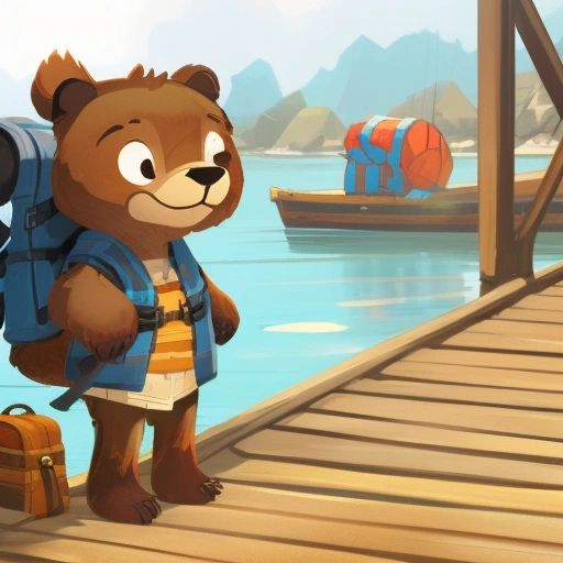 Bruce the Bear standing with his backpack, looking excited and ready for his adventure. 