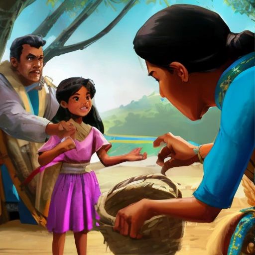 Lily and her family being welcomed by the villagers in a local village, with Lily trying her hand at weaving a basket.