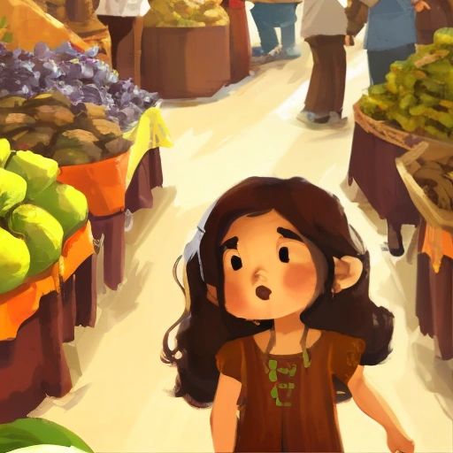 Lily and her family exploring the bustling local market, with Lily trying new fruits and admiring handmade crafts.