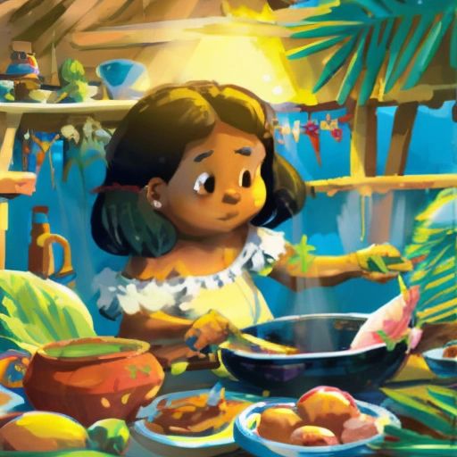 Lily and her family cooking a traditional Fijian dish for dinner, with Lily helping her parents in the kitchen and tropical fruits and fresh seafood on the table.