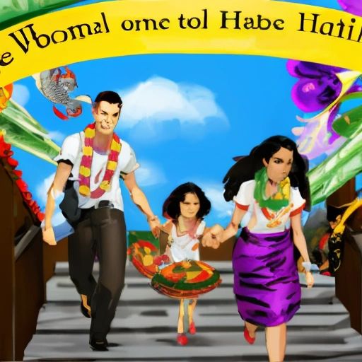 Lily, Mom, and Dad stepping off the plane in Nadi, Fiji, with colorful decorations and Fijian music in the background.