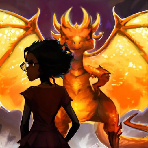 Kuba and Mira standing in front of a large, powerful dragon named Ignis. Ignis has a fierce expression on his face, and his scales are glowing with a fiery light. Kuba and Mira are standing back-to-back, ready to fight.