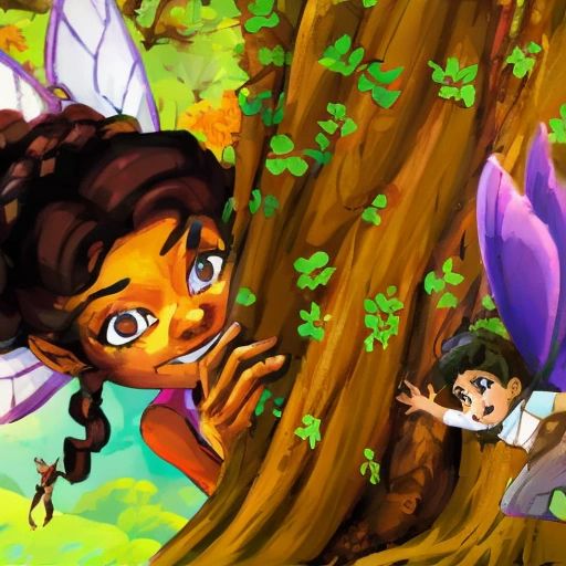 Kuba and Mira hiding behind a tree, peeking out at a group of mischievous fairies who are hovering in the air. The fairies are small and colorful, with mischievous expressions on their faces.