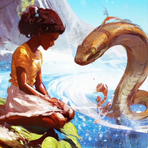 Kuba and Mira standing on the banks of an enchanted river, looking at a giant water serpent who is coiled up in the water. The serpent has a wise expression on its face, and its scales shimmer in the sunlight.