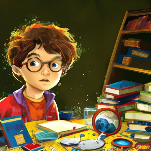 Albert Einstein with a curious expression on his face, surrounded by books and scientific equipment.