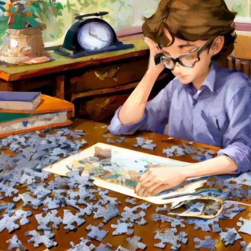 Albert sitting at a table, with a complicated puzzle in front of him, surrounded by books and papers.