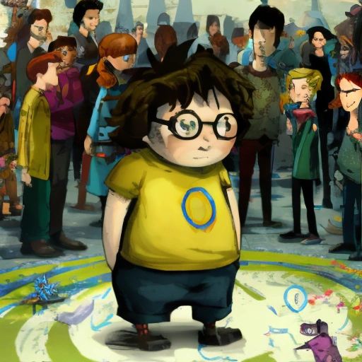 Albert surrounded by his new friends, who are all different shapes and sizes, but with friendly expressions on their faces.