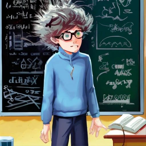 Albert standing in front of a chalkboard, with equations and diagrams written all over it, with a determined expression on his face.