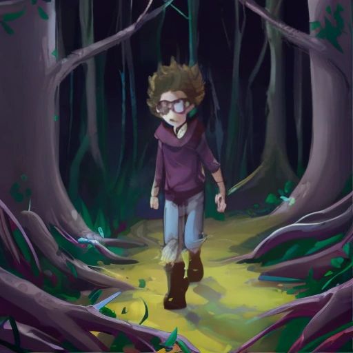 Albert walking through a dense forest, with trees that seem to be moving on their own.