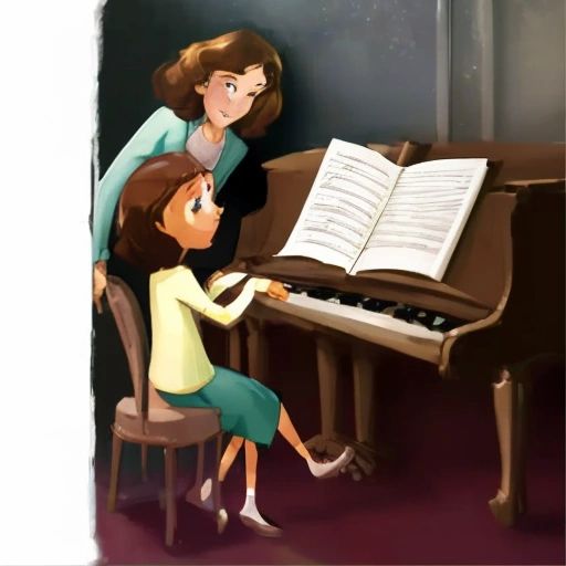 Lily sitting at a piano, with Mrs. Johnson standing beside her, guiding her fingers on the keys.