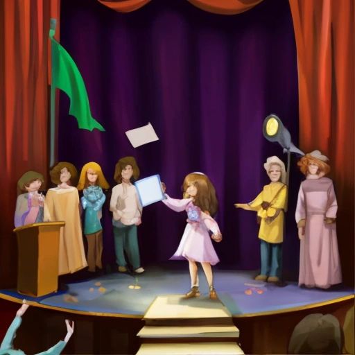 Lily standing on stage, holding her diploma and waving to her proud parents in the audience, with her classmates and Mrs. Johnson standing beside her.