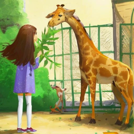 Lily standing in front of a giraffe enclosure at the zoo, holding a leafy branch and feeding the giraffe.