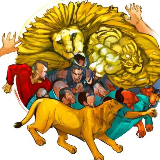 The officials being thrown into the lions' den, with the hungry lions shown attacking them.