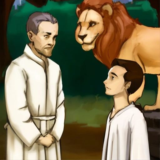 The king and Daniel standing face to face, with the king looking amazed and humbled. The lions are shown in the background, still lying calmly.