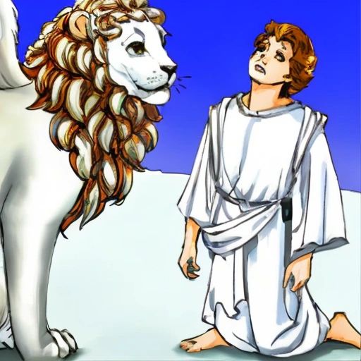 The angel standing in front of Daniel, with the lions lying calmly at his feet. Daniel is shown looking up in awe and gratitude.