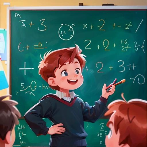 Mathew standing in front of a blackboard covered in complex math equations, with a confident smile on his face as he explains his latest mathematical discovery to a group of colleagues.