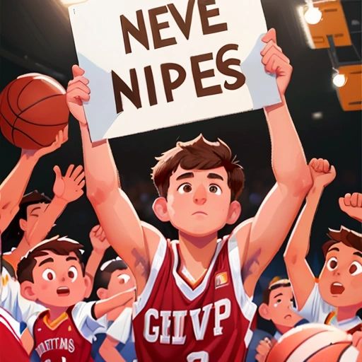 Pablo as a famous basketball player, with a crowd of fans cheering him on and holding up signs that say 'Never Give Up'.