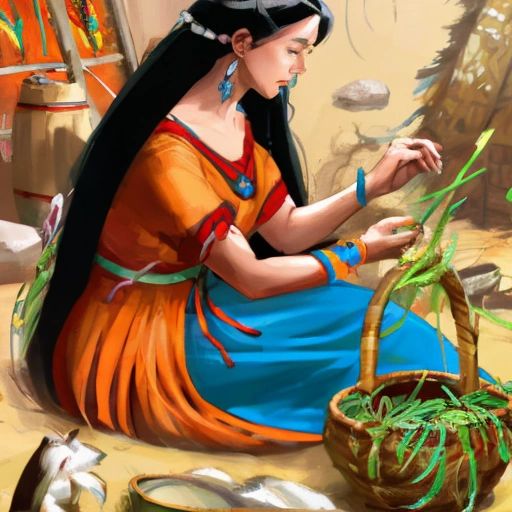 A Cherokee woman weaving a beautiful basket out of reeds, with pottery and beadwork displayed in the background.
