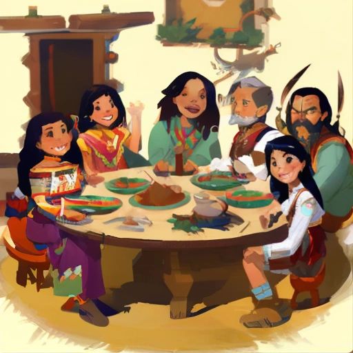A Cherokee family gathered around a table, sharing a meal and laughing together.