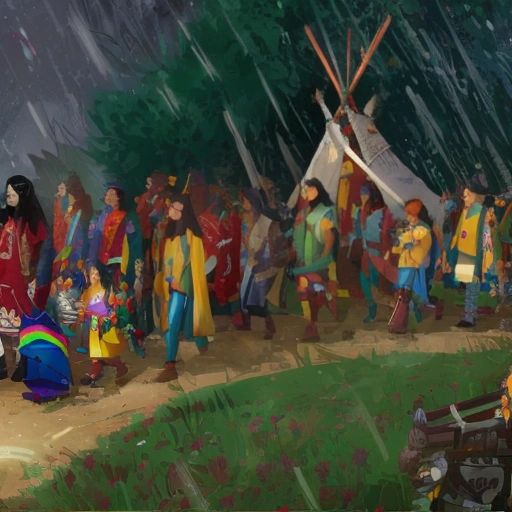A group of Cherokee people being forcibly removed from their homes and forced to march on the Trail of Tears, with tears streaming down their faces.