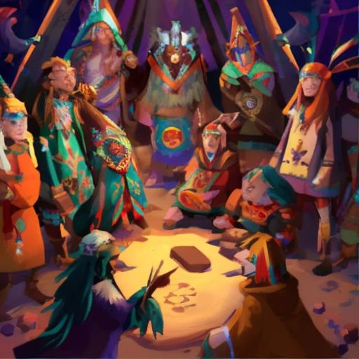 A council of elders gathered in a circle, discussing important decisions for the tribe while a shaman performs a ritual in the background.
