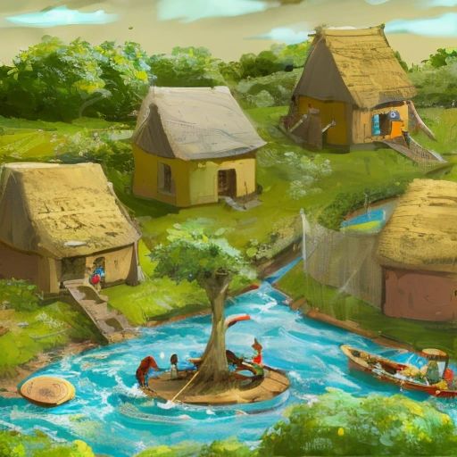 A village of wattle and daub houses nestled near a river, with families working together in their fields.
