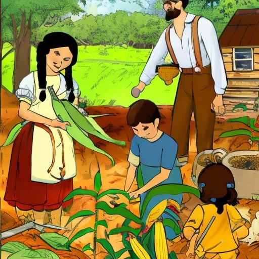 A Cherokee farmer tending to his crops of corn, beans, and squash while his wife and children gather nearby.