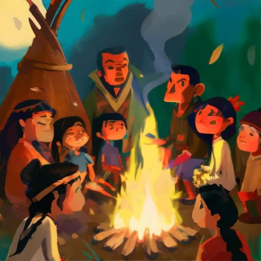 A group of Cherokee people gathered around a fire, listening to an elder tell stories of their ancestors.