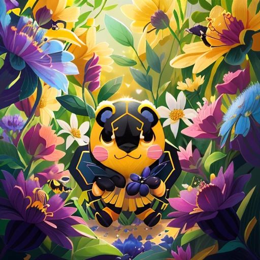 Bramble standing in front of the hidden garden, filled with rare and beautiful flowers. He is holding a pollen sac filled with nectar and looking out with a sense of accomplishment and pride.