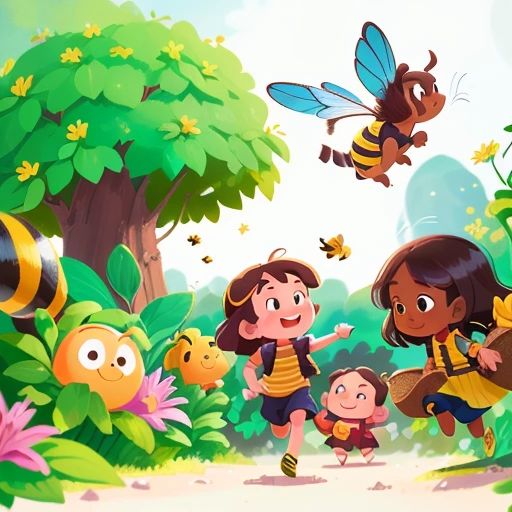 Bramble flying back to his hive, with Lily and Mr Green following him. They are all smiling and happy, with Bramble leading the way.