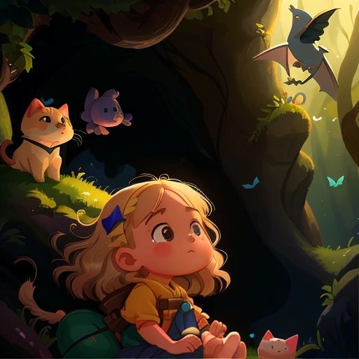 Princess Gianna, Bubba, and Meow Meow exploring the mysterious cave and encountering the fluttering of bat wings.