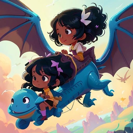 Elyan and Esaline flying high in the sky on their flying machine, feeling happy and free.