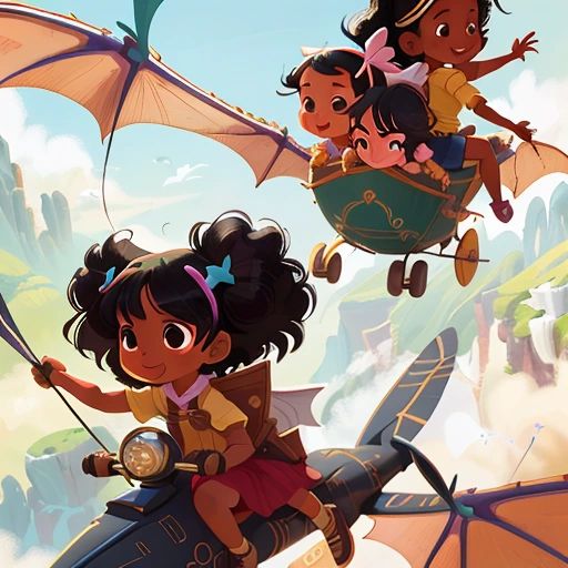 Elyan and Esaline exploring the world together on their flying machine, with Elyan feeling confident and happy.