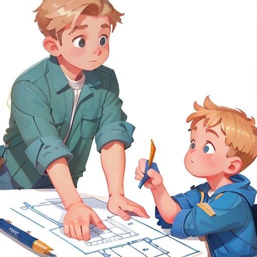 Wojtek studying blueprints with the foreman, pointing to different details