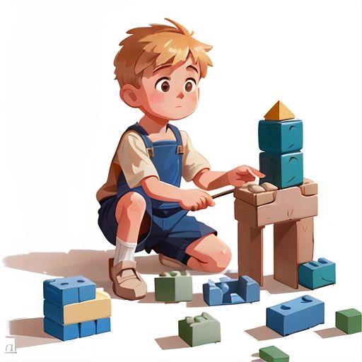 Wojtek building small structures with blocks, focusing on stability and sturdiness