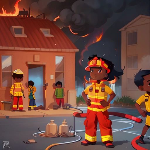 Adam standing with the firefighters in front of a burning building, holding a hose and helping to put out the fire.