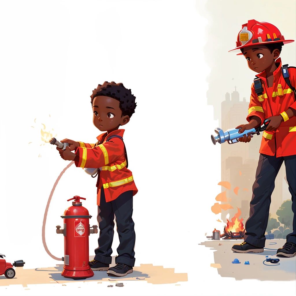 Adam holding a fire extinguisher and practicing putting out a small fire, while the firefighters watch and encourage him.