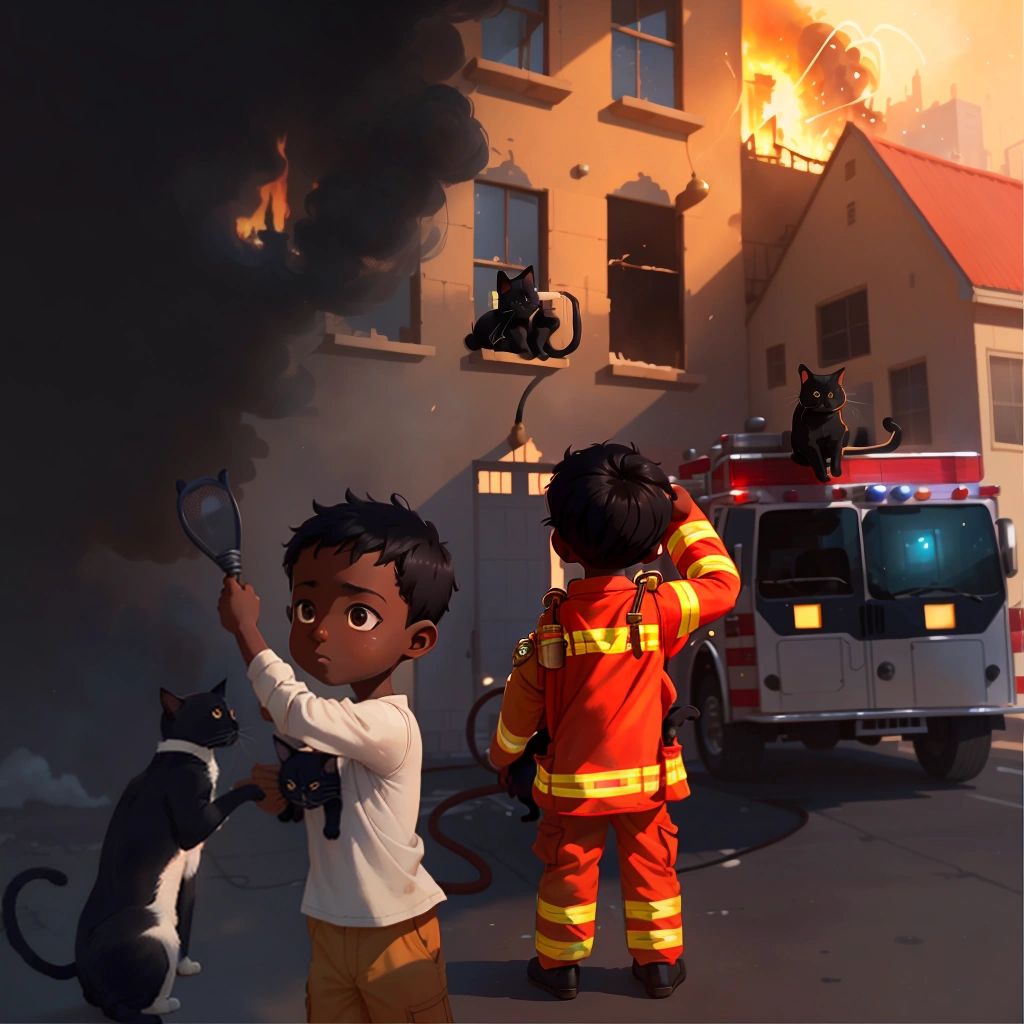Adam holding a scared cat in his arms, while the firefighters behind him work to put out a fire in a nearby building.