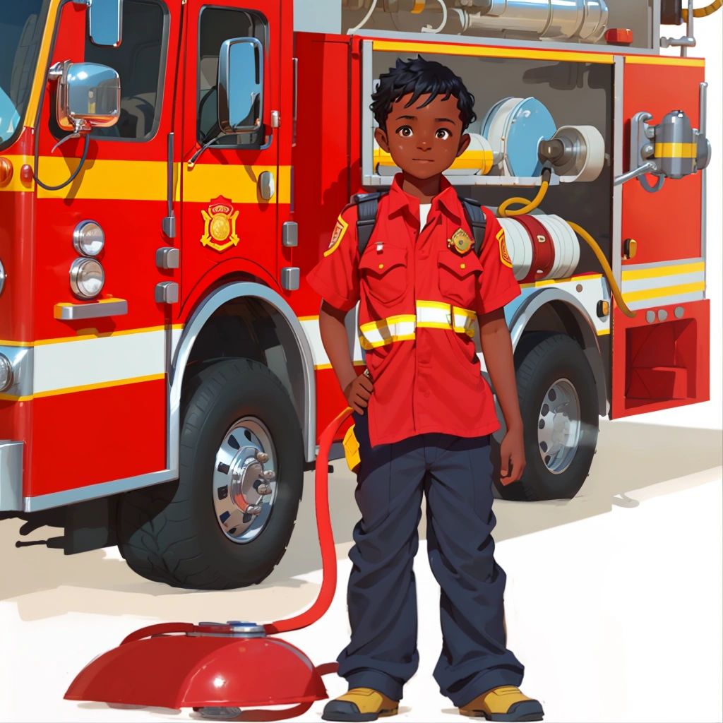 Adam standing in front of a firetruck, wearing his firefighter gear and holding a hose, looking proud and fulfilled as he saves lives and fulfills his dream.