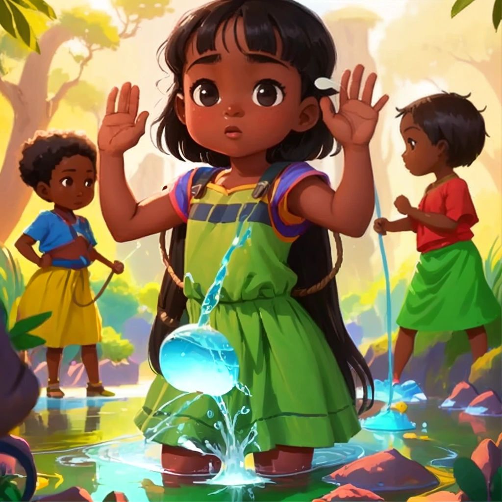 Lola standing in front of a group of angry trolls, offering them the magical water to calm them down.