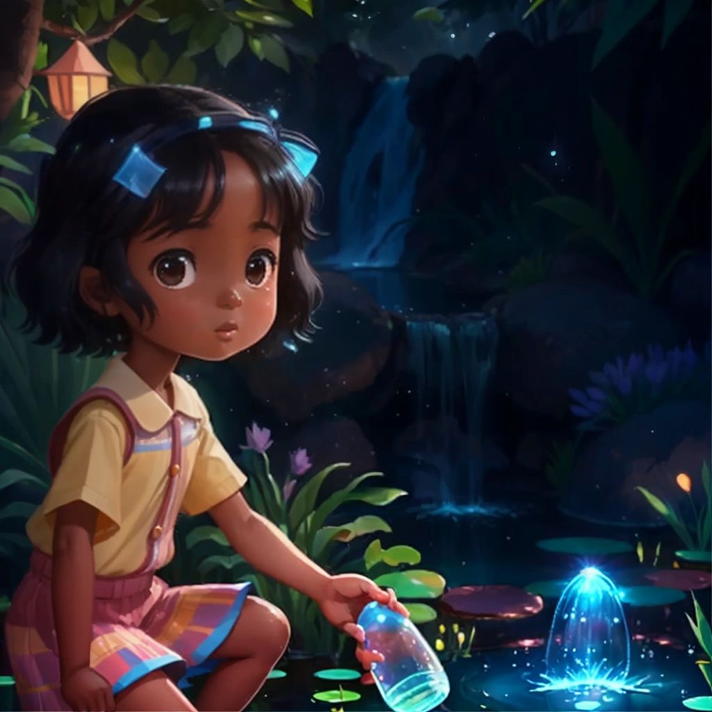 Lola standing beside the magical pond, holding her water bottle filled with the glowing water, while Tilly looks on.