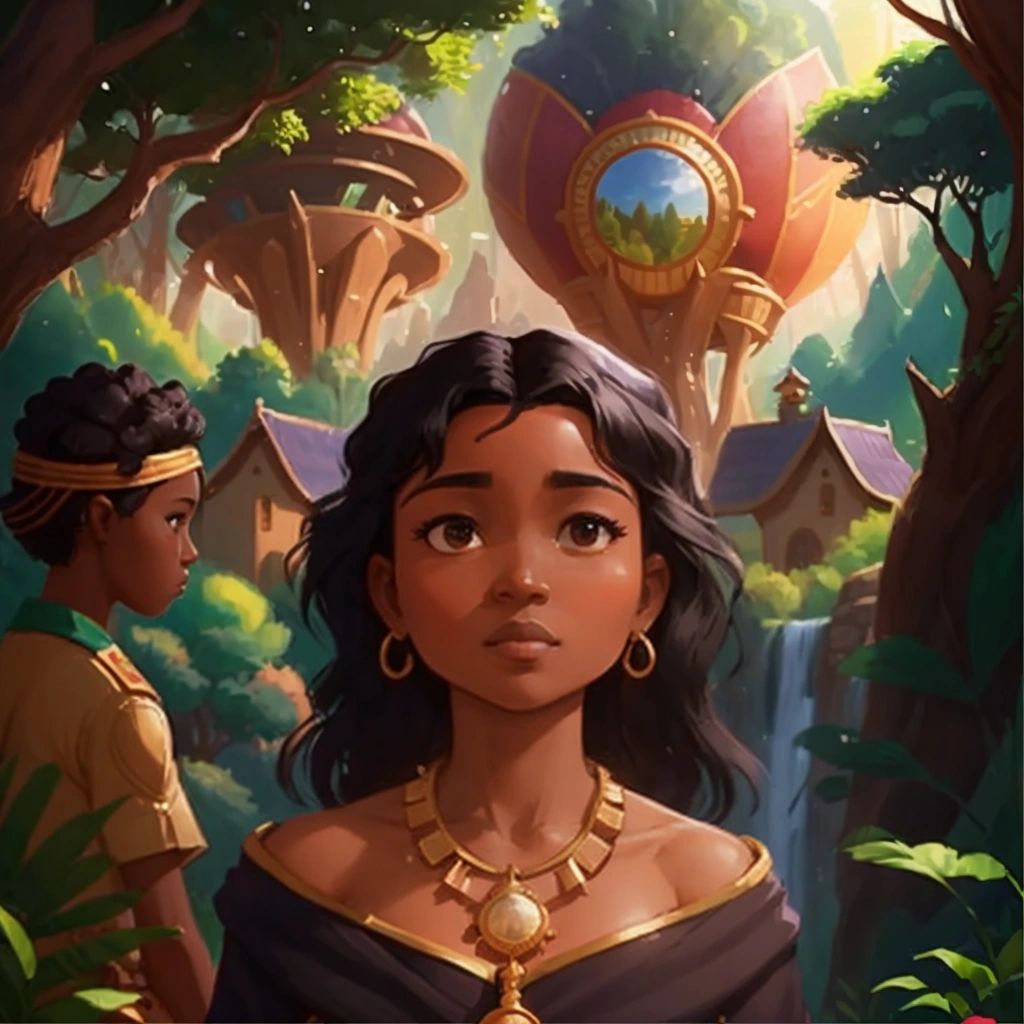 Lola as a wise and kind leader, surrounded by her people and looking out over the thriving village, with the enchanted forest in the background.