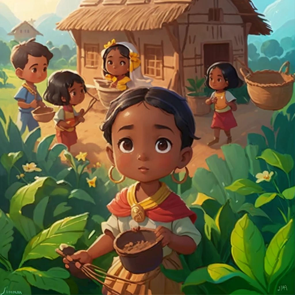 Lola returning to her village, surrounded by grateful villagers who are planting gardens and growing crops.