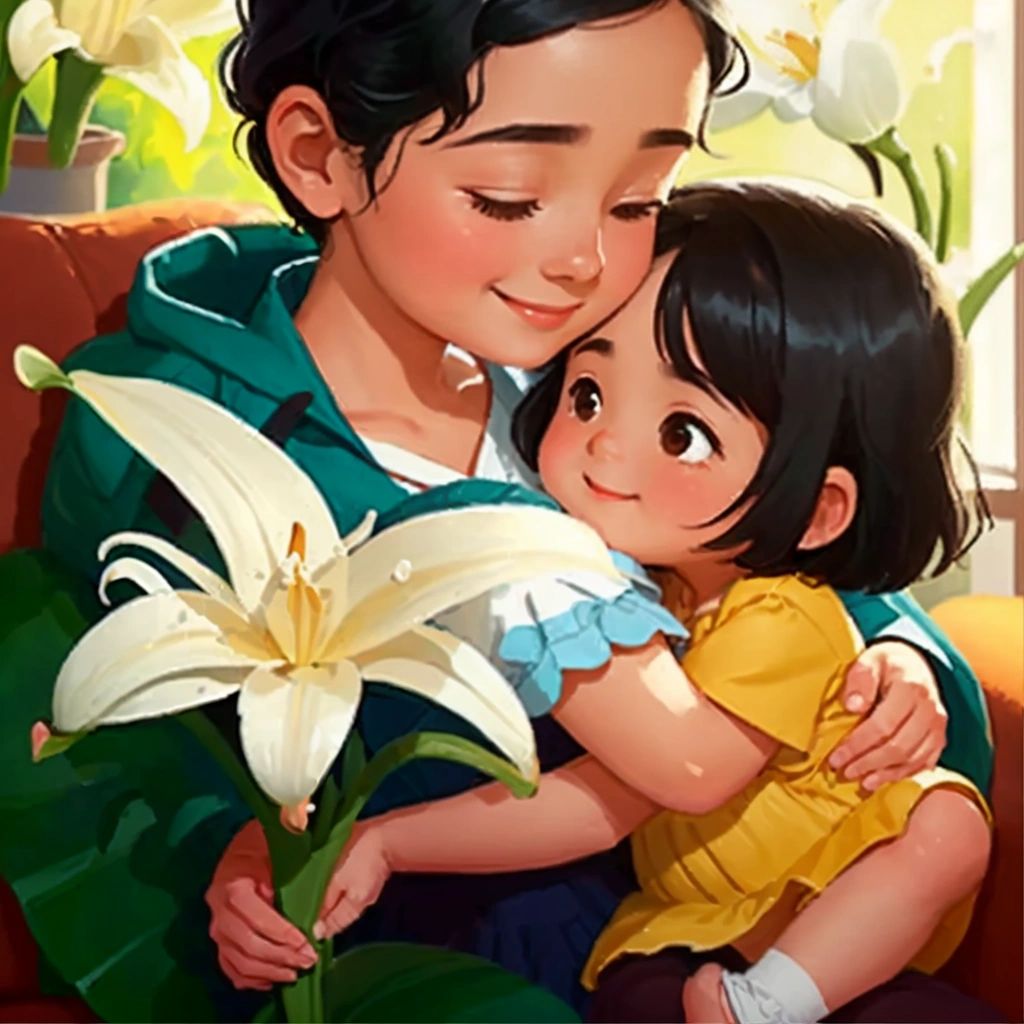 Lola holding a white lily in her hand, hugging her grandma who is sitting on a couch and looking at her with a warm smile.