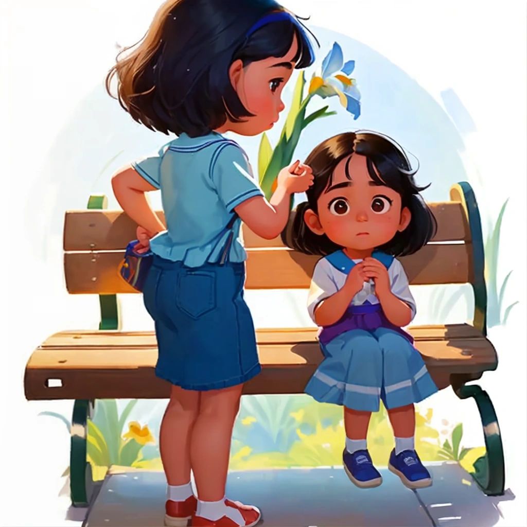 Lola holding a blue iris in her hand, standing in front of her aunt who is sitting on a bench and looking at her with a surprised expression.