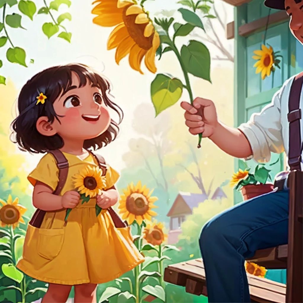 Lola holding a sunflower in her hand, standing in front of her uncle who is sitting on a porch swing and looking at her with a happy smile.