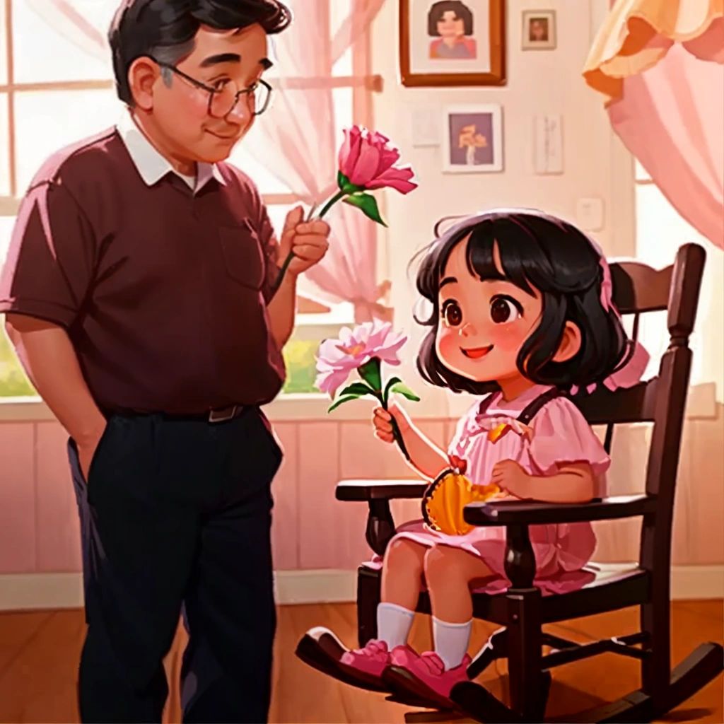 Lola holding a pink carnation in her hand, standing in front of her grandpa who is sitting on a rocking chair and looking at her with a proud smile.